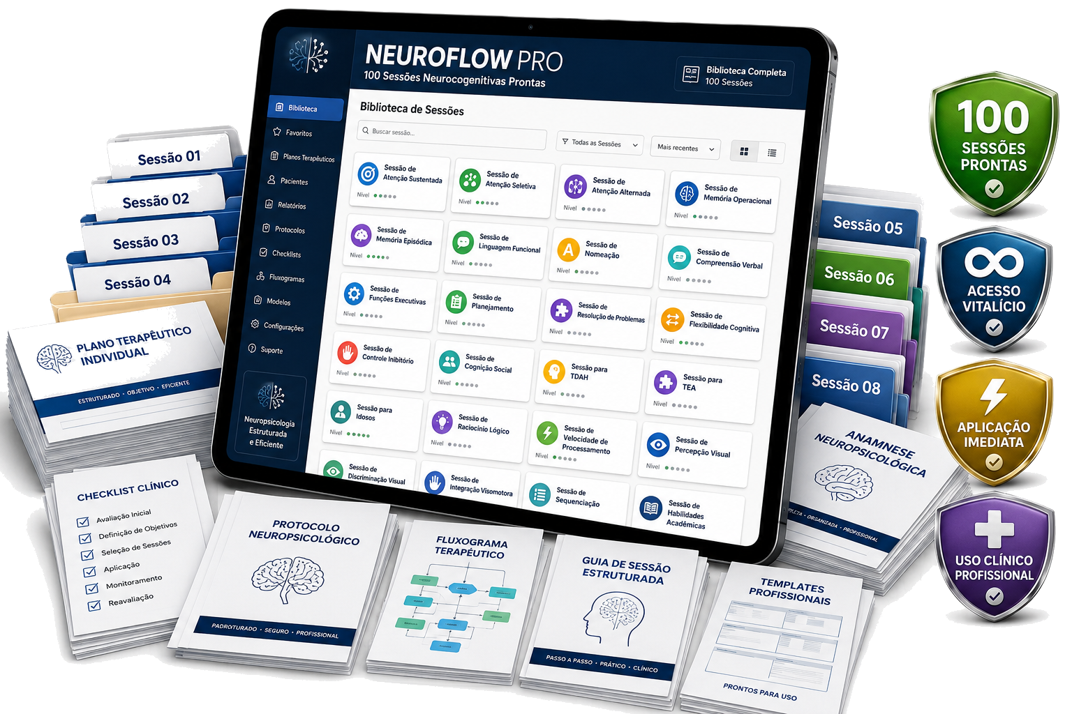 Mockup das 100 Sessões Prontas NeuroFlow Pro